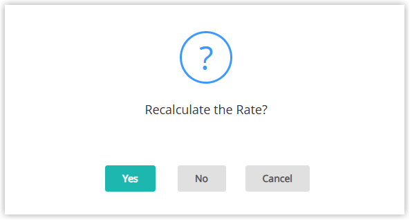 Reservation change pop-up in RMS showing a Rate Recalculation prompt with options to recalculate the rate or keep existing rates before saving changes