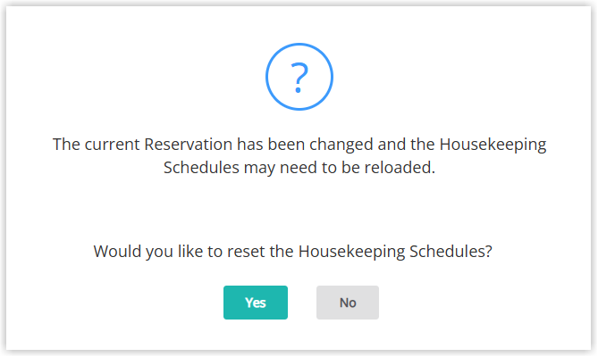 Housekeeping reset prompt on a reservation in RMS indicating that changing Category, Area or dates will reset the housekeeping schedule