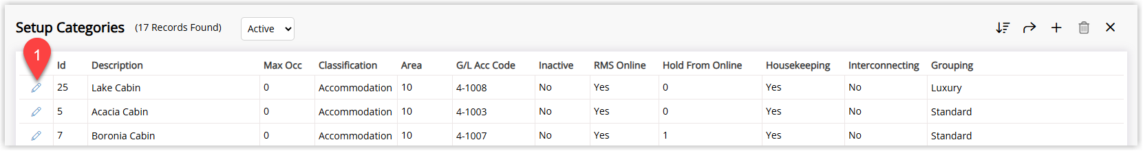 RMS Category/Area list displaying multiple Categories with one Category highlighted and the Edit option selected to open its configuration.