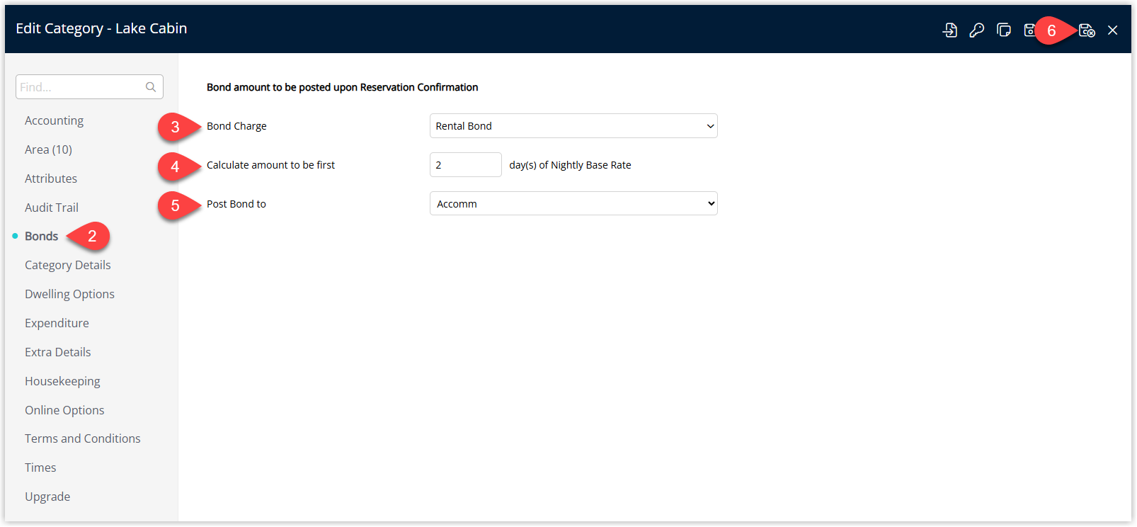 RMS Category setup window on the Bonds tab showing a Refundable Charge selected as the Bond Charge, a Number of Nights Base Rate value entered, a Reservation Account Type chosen, and the Save/Exit button highlighted to apply automatic bond charging for this Category.
