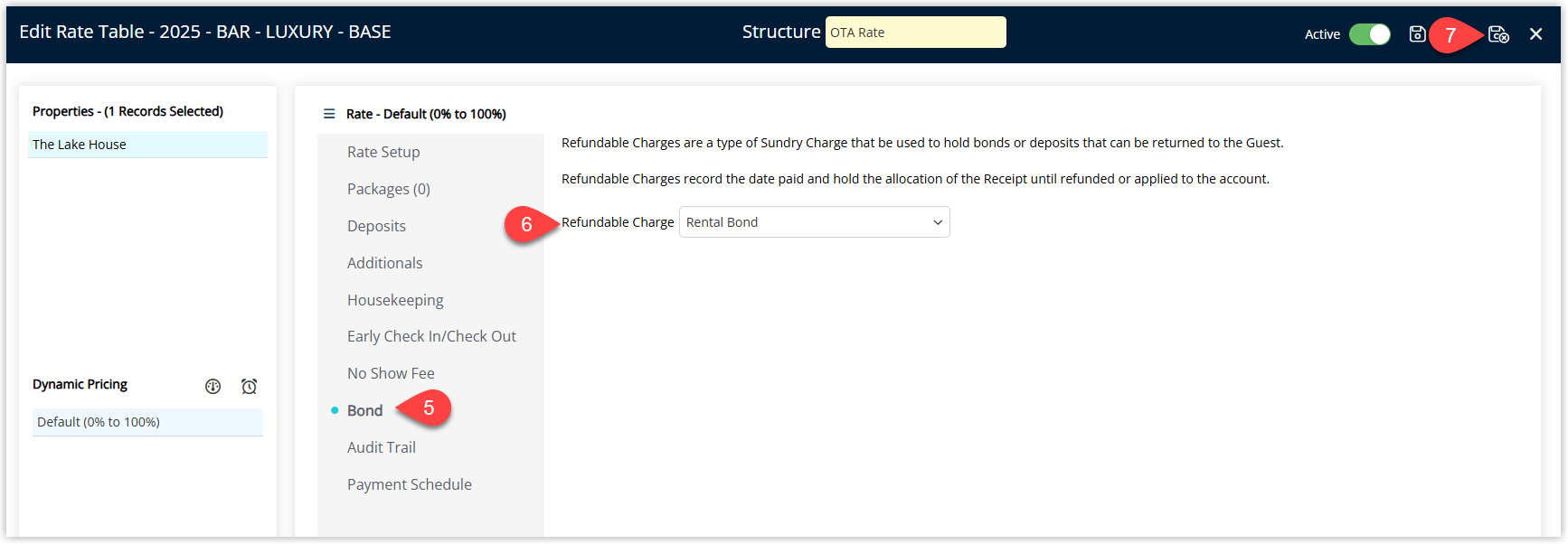 Screenshot of a Rate Table setup window in RMS with the Bond tab selected, showing a dropdown field where a Refundable Charge is chosen to be applied automatically when this rate table is used, and the Save/Exit button highlighted to save the bond configuration.