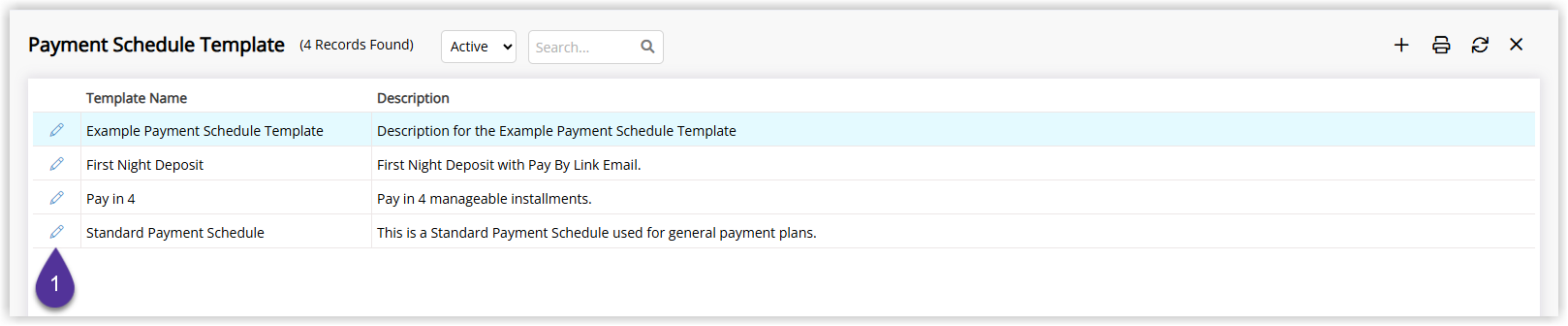 Payment Schedule Templates screen in RMS showing a list of templates with one payment schedule highlighted and the Edit option selected to open its settings