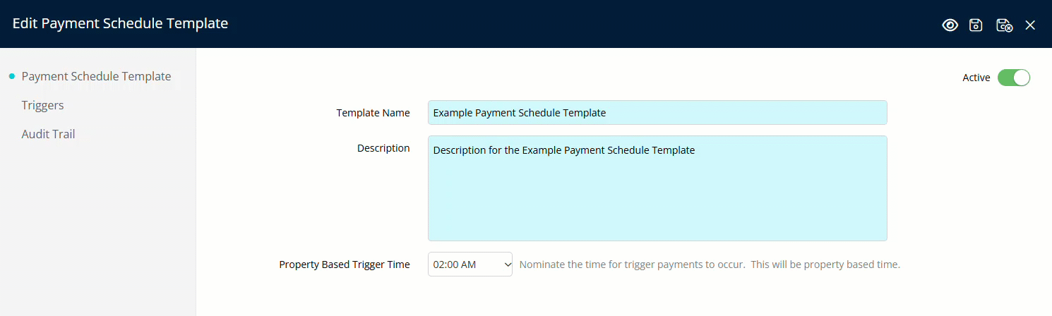 Payment Schedule Template edit screen in RMS displaying an Active status toggle switched to green when the template is active and to white when inactive, with a Save/Exit button used to confirm deactivation or reactivation