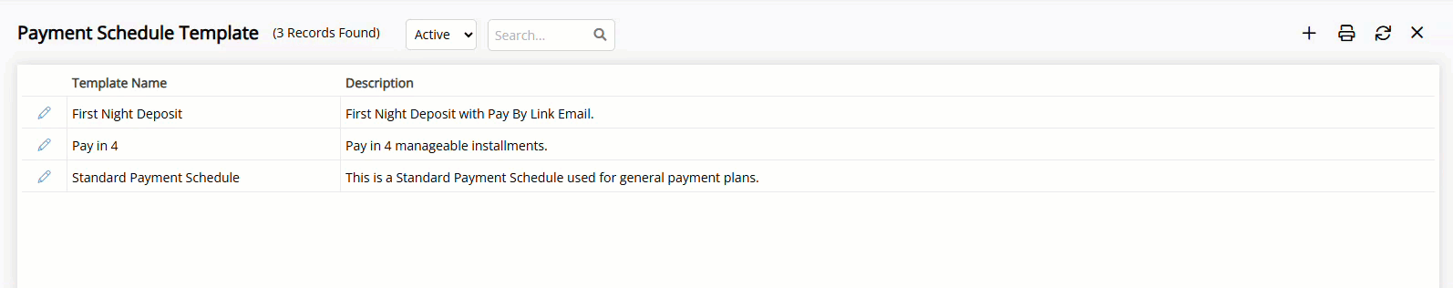 Payment Schedule Templates list in RMS with a View or Filter dropdown set to 'All', showing both active and inactive templates in the list