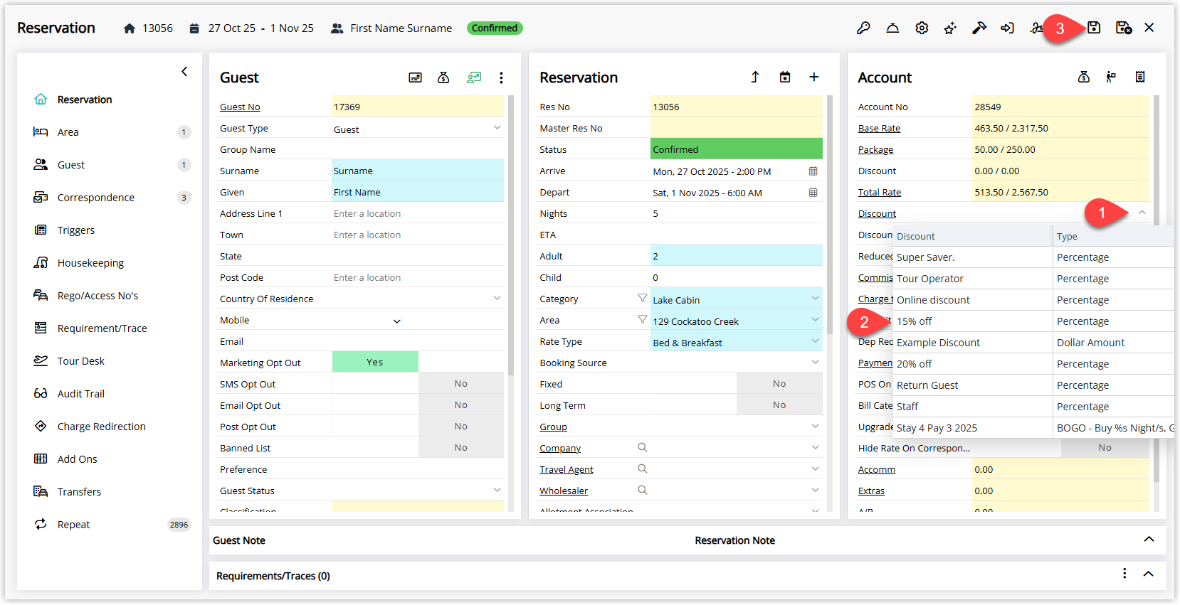 RMS Reservation screen showing the Discount drop-down expanded with a list of available discounts, one discount selected for the reservation, and the Save button highlighted to apply the chosen discount to the booking.