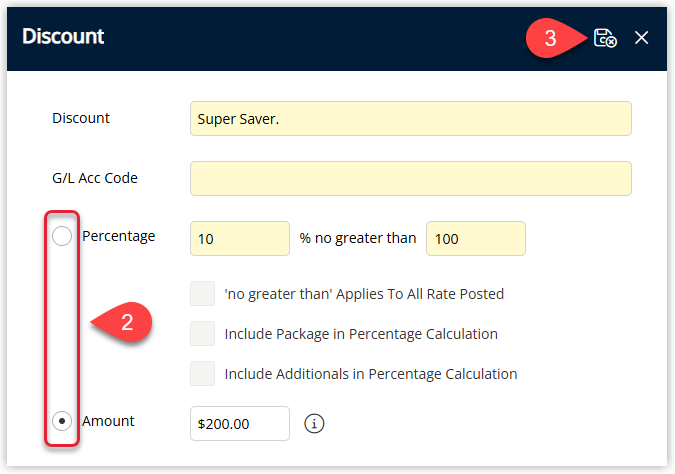 Discount override window on the reservation with fields to enter a discount Amount or Percentage, a checkbox or button labelled 'Manually Override Discount' selected, and the overridden Discount and Discount Amount values displayed in red to indicate they are fixed