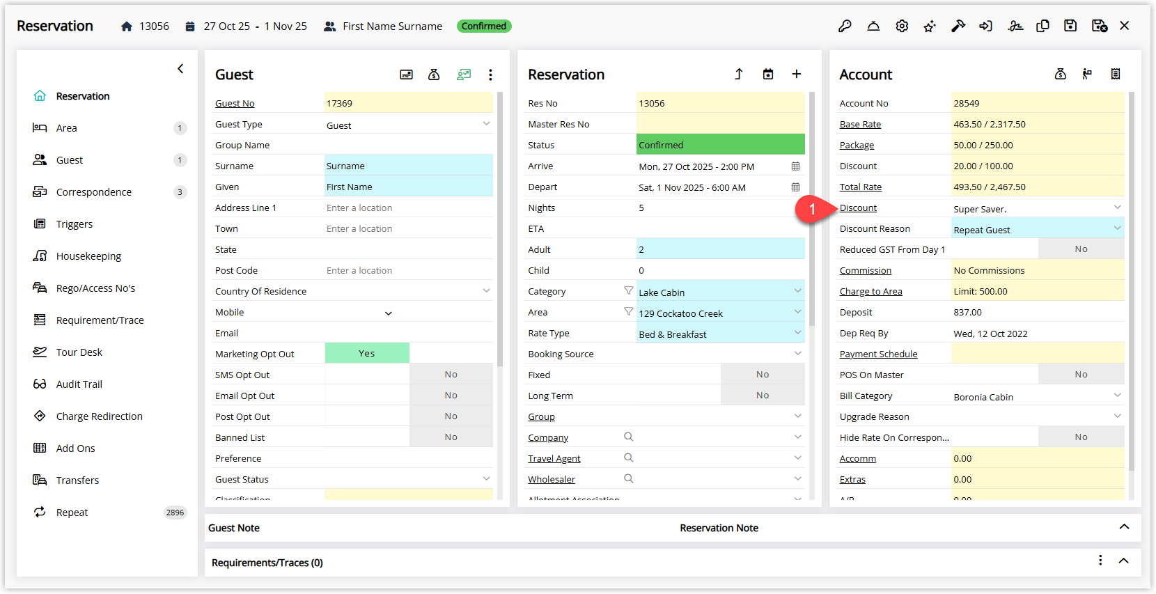 Reservation screen in RMS showing the Rate Details section with a Discount field or Discount button highlighted to open the discount settings for the reservation