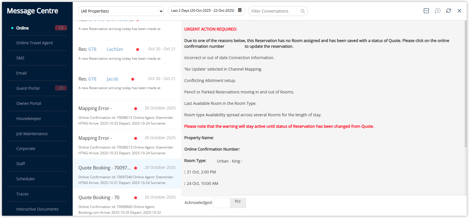 Message Centre screen in RMS showing a critical alert highlighted in red for an online Quote Reservation, including the Online Confirmation Number as a clickable link and an Acknowledged checkbox or button to mark the alert as handled