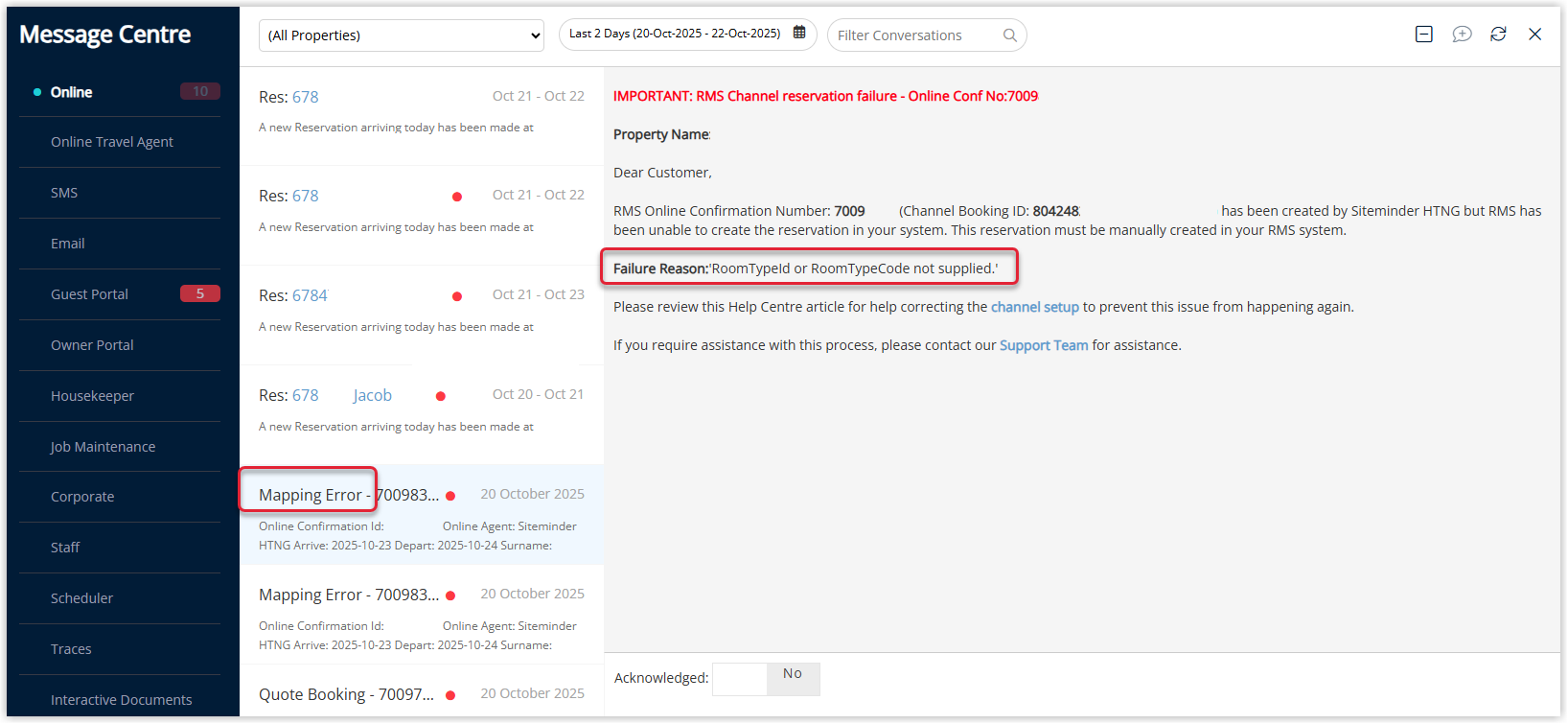 Message Centre list displaying a critical alert flagged as a Mapping Error for an online reservation, with options to review the message details and an Acknowledged control to confirm the issue has been resolved