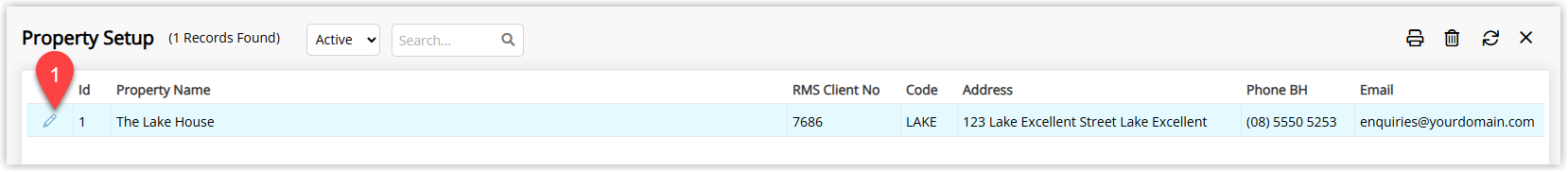 Property Information list in RMS showing multiple properties with one property highlighted and the Edit option selected to open that property’s settings