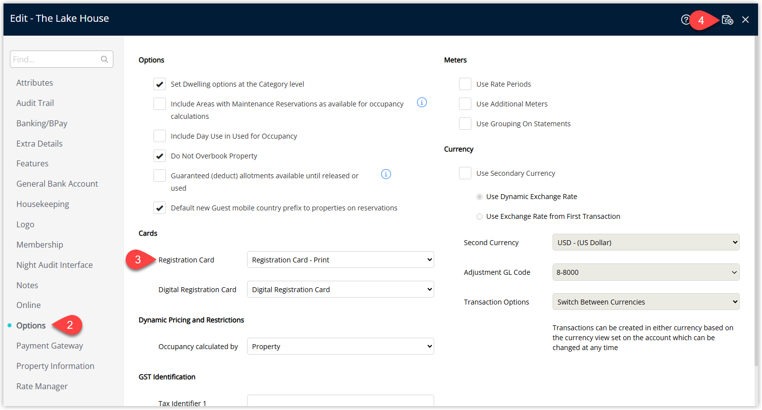 Property Information settings window in RMS on the Options tab, showing a Registration Card dropdown or field with a form letter selected as the default registration card for the property and a Save/Exit button to apply the change