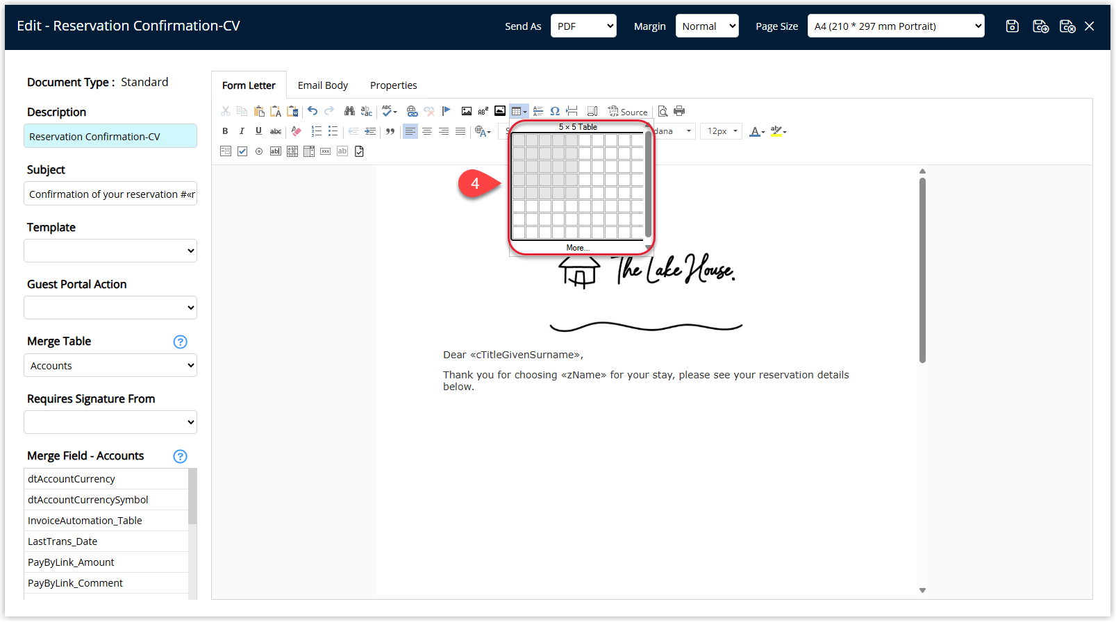 Screenshot of the Insert Table dialog in the Form Letter editor showing options to select the number of rows and columns before adding the table to the letter.