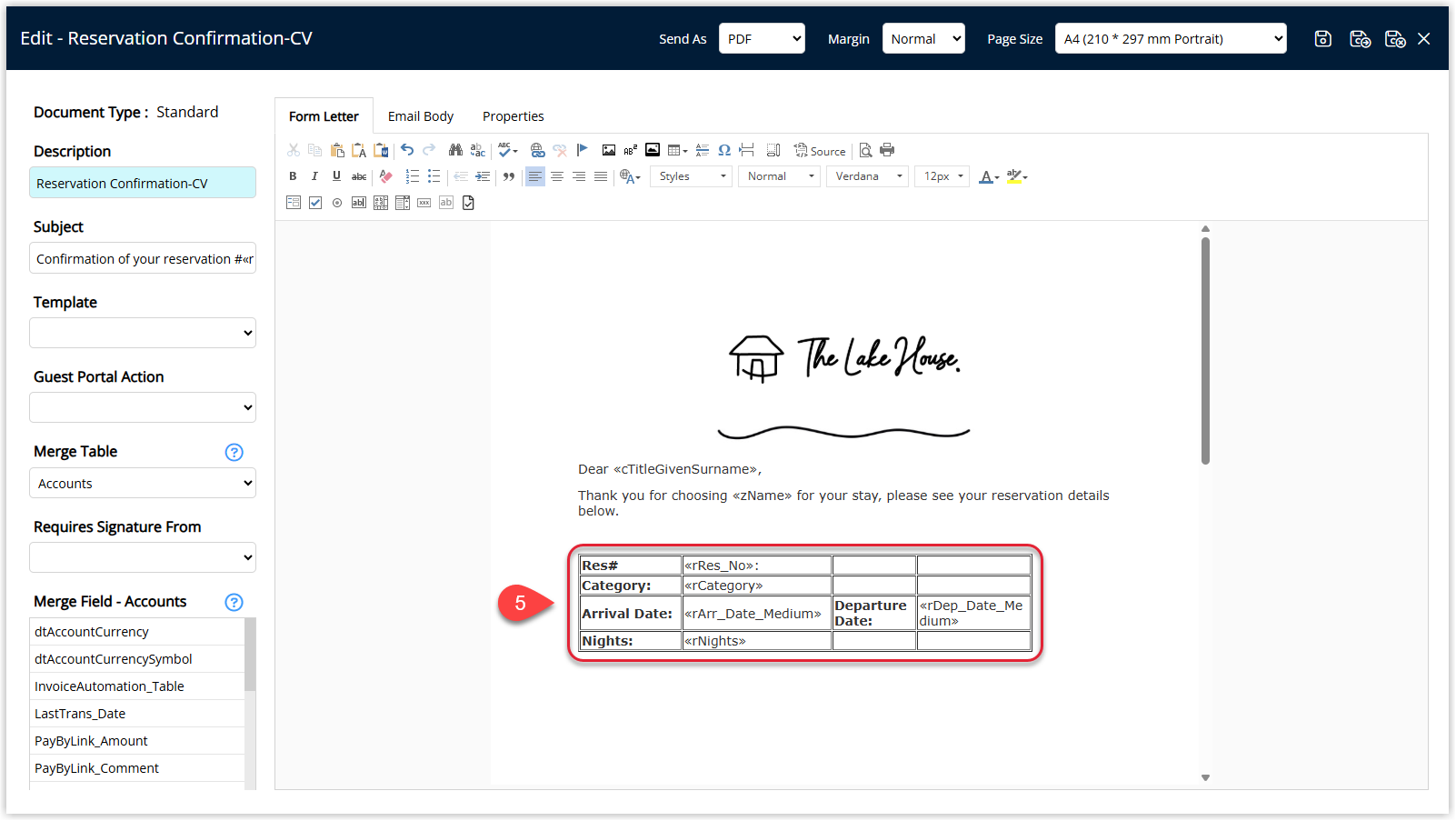 Screenshot of a Form Letter in RMS with a table inserted in the body and example text entered into the table cells.