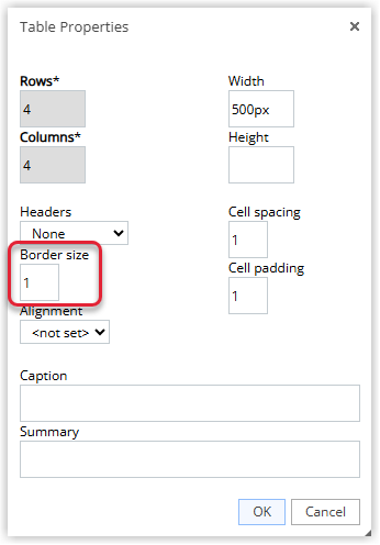 Screenshot of the Table Properties dialog in the Form Letter editor showing border size settings being adjusted to change the visibility or thickness of the table borders.