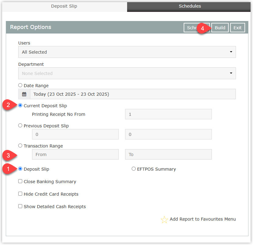 RMS Deposit Slip report build screen showing options for Deposit Slip or EFTPOS Summary, date or transaction range selection, and optional Close Banking Summary, Hide Credit Card Receipts, and Show Detailed Cash Receipts checkboxes with the Build button selected.