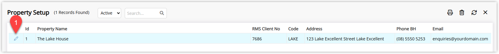 Property Information list in RMS showing existing properties with an Edit icon next to each property to open its configuration
