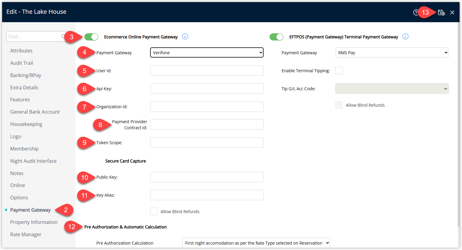 Property Information detail screen on the Payment Gateway tab showing the Ecommerce Online toggle enabled, Payment Gateway set to Verifone, input fields for User ID, API Key, Organisation ID, Payment Provider Contract ID, Token Scope, Public Key and Key Alias, a Pre Authorisation & Automatic Calculation Rule dropdown, and a Save/Exit button to store the Verifone settings