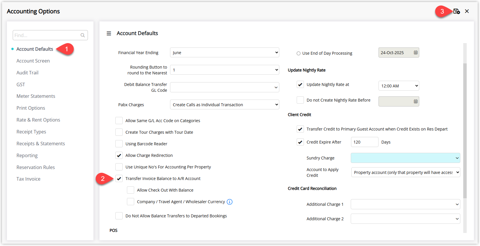 Accounting Options screen on the Account Defaults tab with Transfer Invoice Balance to A/R Account and optional Allow Check-out with Balance checkboxes ticked and a Save/Exit button