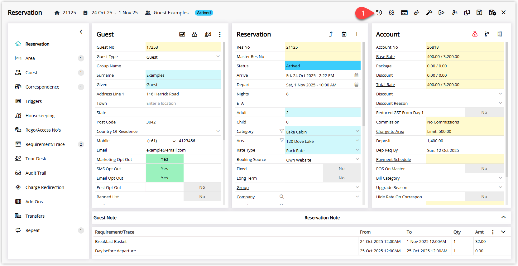 Screenshot of a reservation in RMS with status Arrived or Departed, highlighting the Revert Reservation button in the reservation toolbar to start reversing the status.
