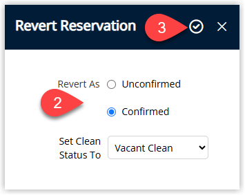 Screenshot of the Revert Reservation window in RMS showing dropdowns for the new Reservation Status and Clean Status, with the Save button highlighted to confirm reverting the reservation and voiding any arrival rates.