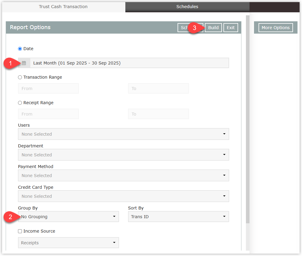 Annotated screenshot of the Trust Cash Transaction report options in RMS showing the date range and grouping fields with the Build button highlighted