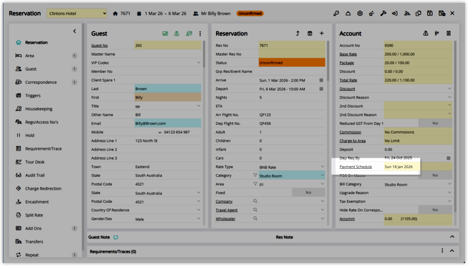Reservation screen showing the Payment Schedule panel with scheduled payments listed and a notification banner or highlight indicating that correspondence will be sent on reservation amendment.