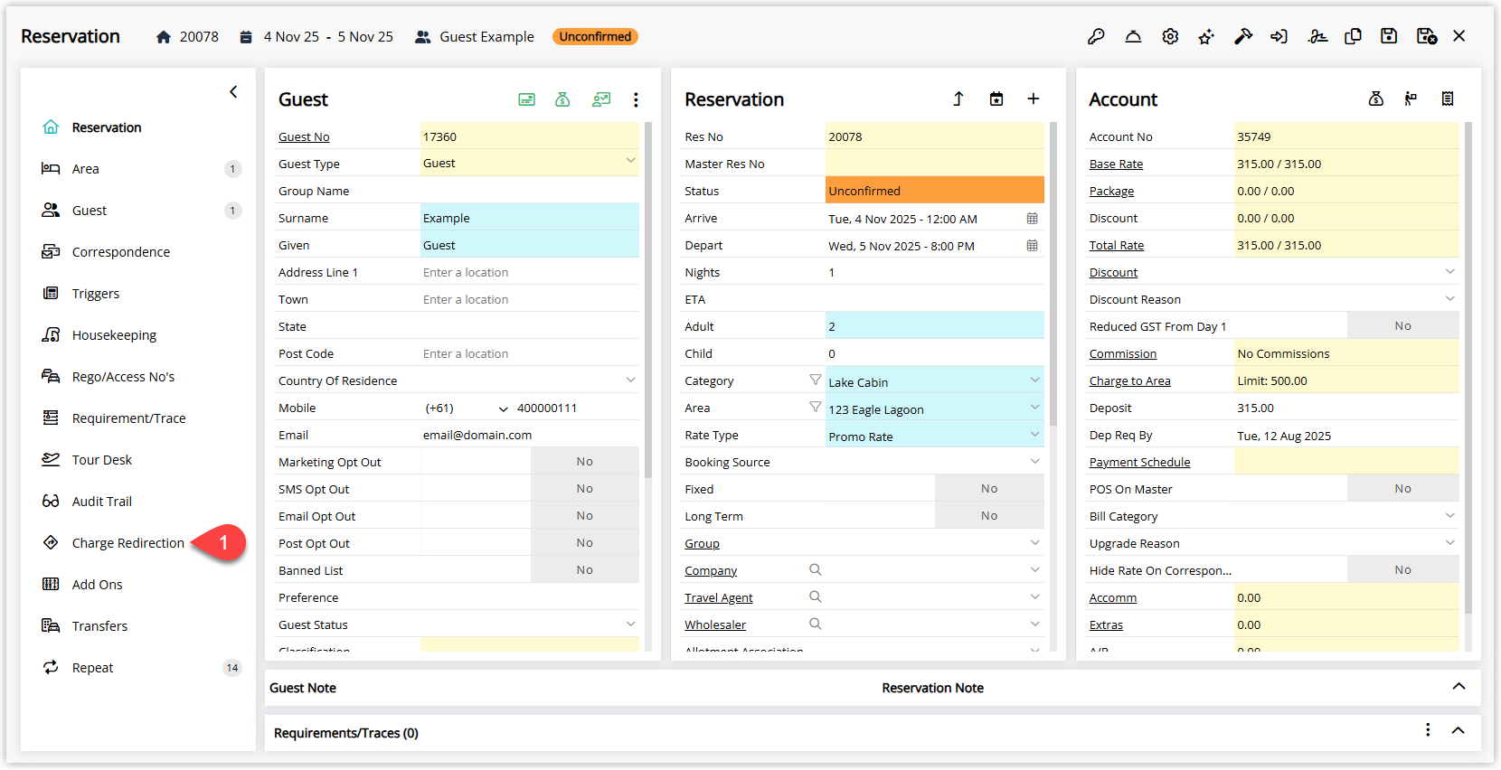 Annotated screenshot of the Reservation screen in RMS highlighting the Charge Redirection menu item