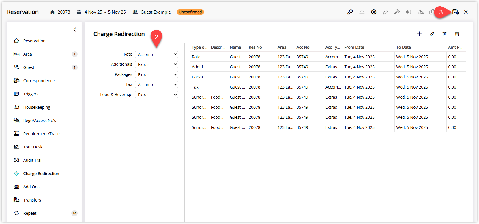 Annotated screenshot of the Charge Redirection screen in RMS highlighting the charge type redirection dropdowns and the save icon