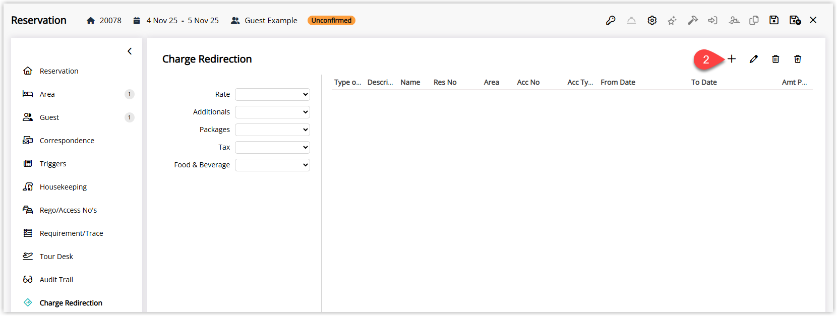 Annotated screenshot of the Charge Redirection screen in RMS highlighting the add redirection icon