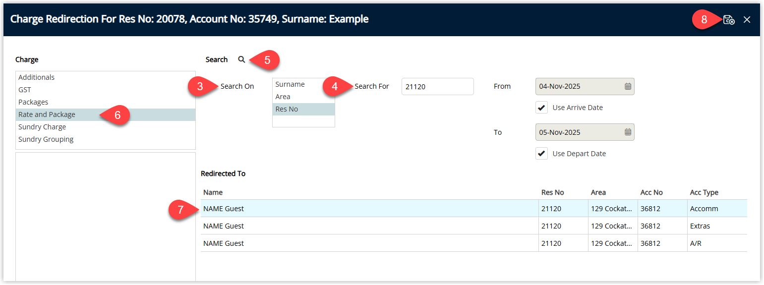 Annotated screenshot of the Charge Redirection window in RMS highlighting the charge type selection, the search fields, the redirected-to reservation and the save icon