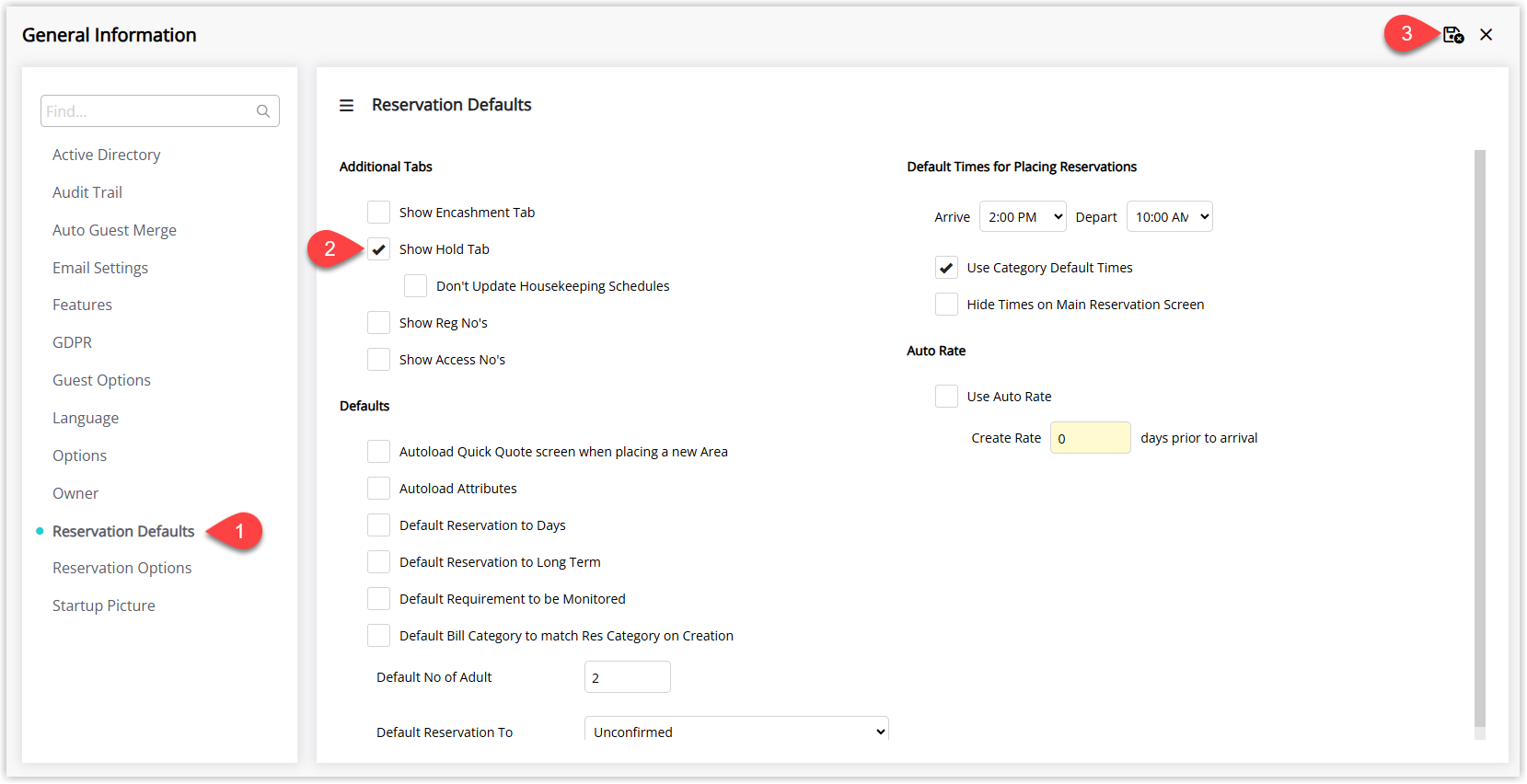 General Information screen in RMS on the Reservation Defaults tab showing checkboxes for Show Hold Tab and Don't Update Housekeeping Schedules, with a Save/Exit button to apply the settings so the Hold tab appears on the Reservation screen.