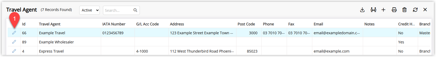 Screenshot of the Travel Agent list in RMS with an existing travel agent highlighted and the Edit option selected to manage branch offices.