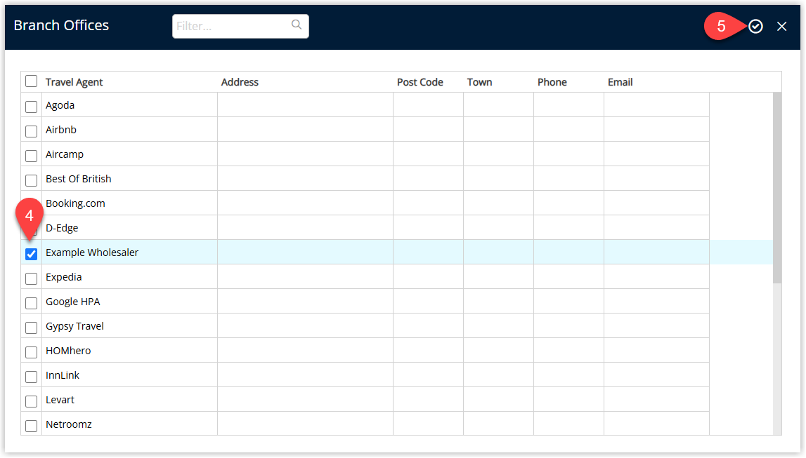 Screenshot of the Travel Agent Branches window in RMS showing fields to add or edit branch offices, including branch name, contact details and branch-specific settings.