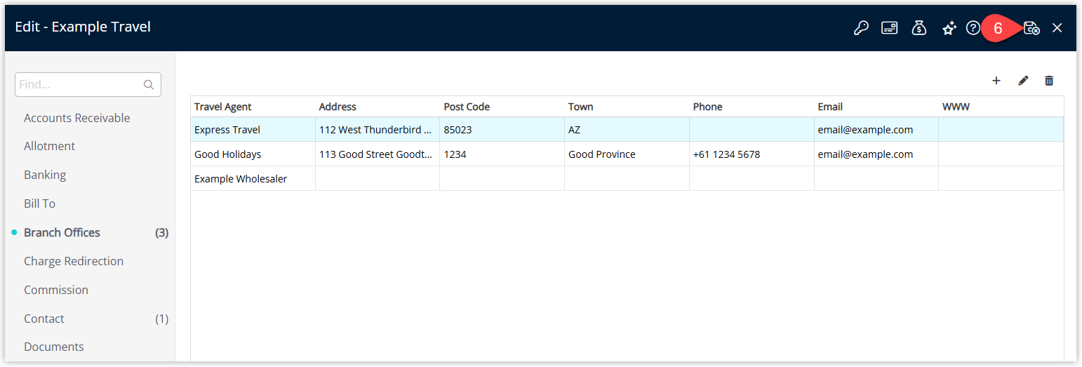 Screenshot of the Travel Agent Branches screen in RMS highlighting the Save/Exit button and showing the updated list of branches linked to the travel agent.