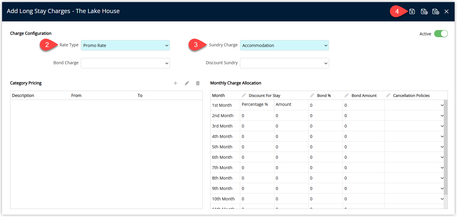 Long Stay Charge configuration form showing Rate Type, Sundry Charge, Bond, and Discount fields