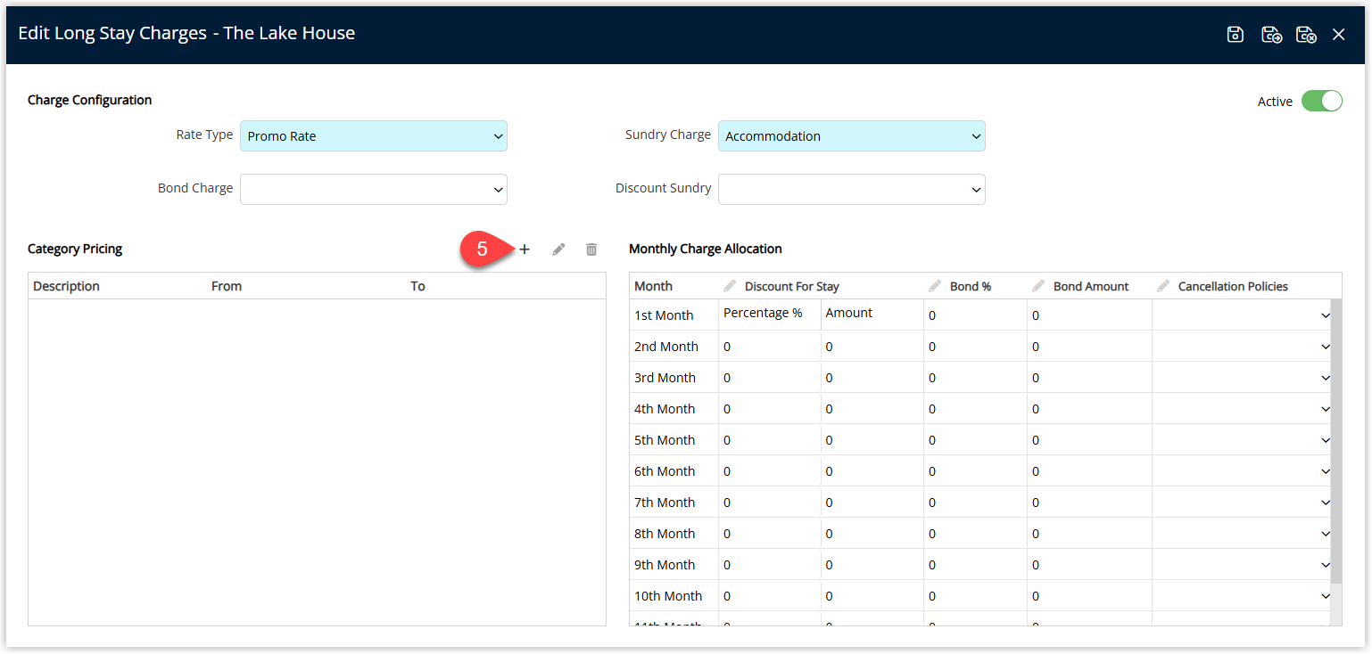 Category Pricing section with the Add button to define pricing for a rate period