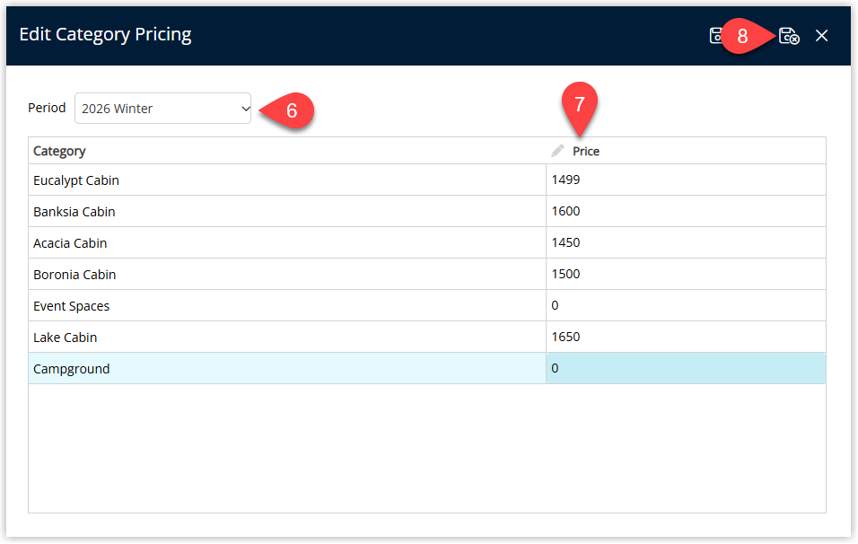 Category Pricing entry form showing Rate Period selection and monthly price fields