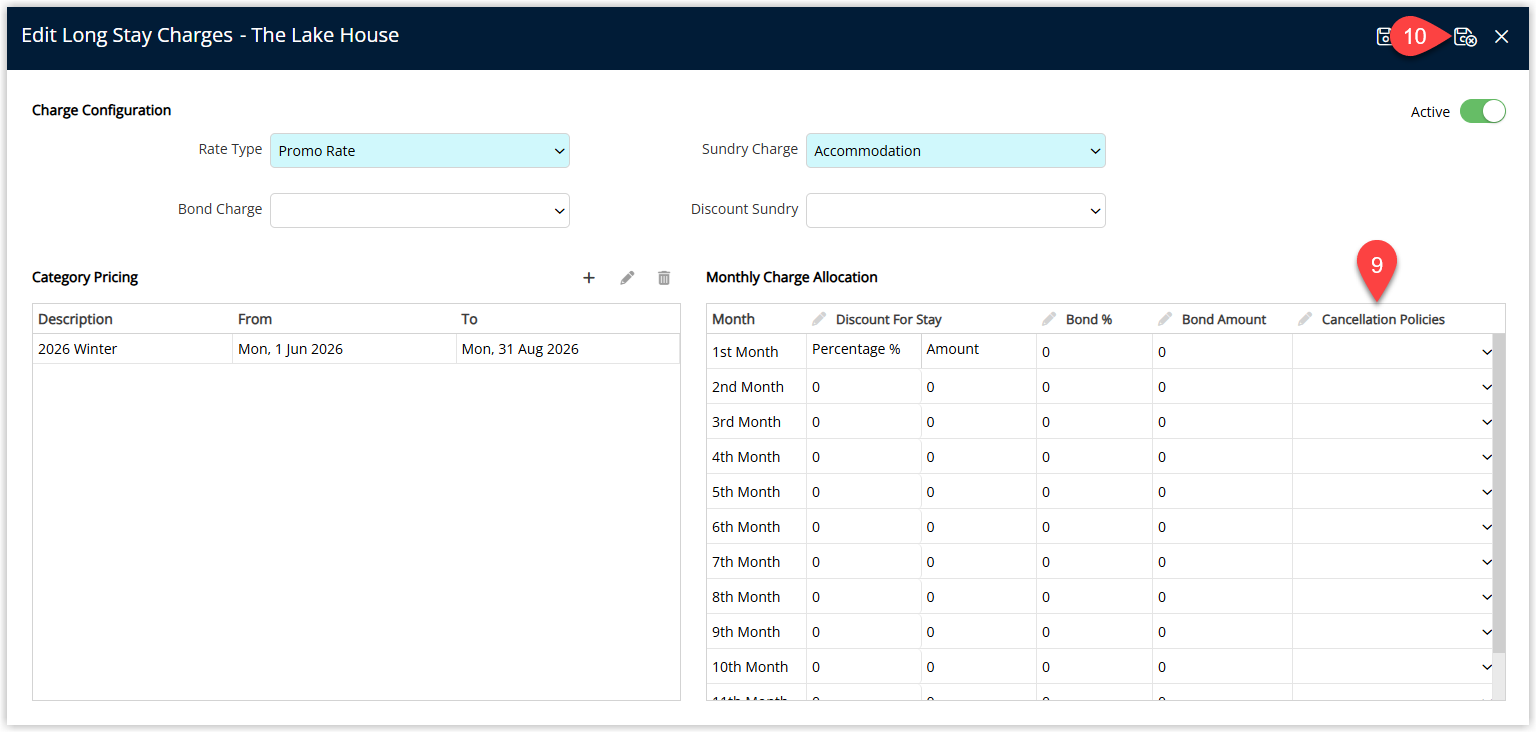 Completed Long Stay Charge configuration with category pricing and cancellation policy