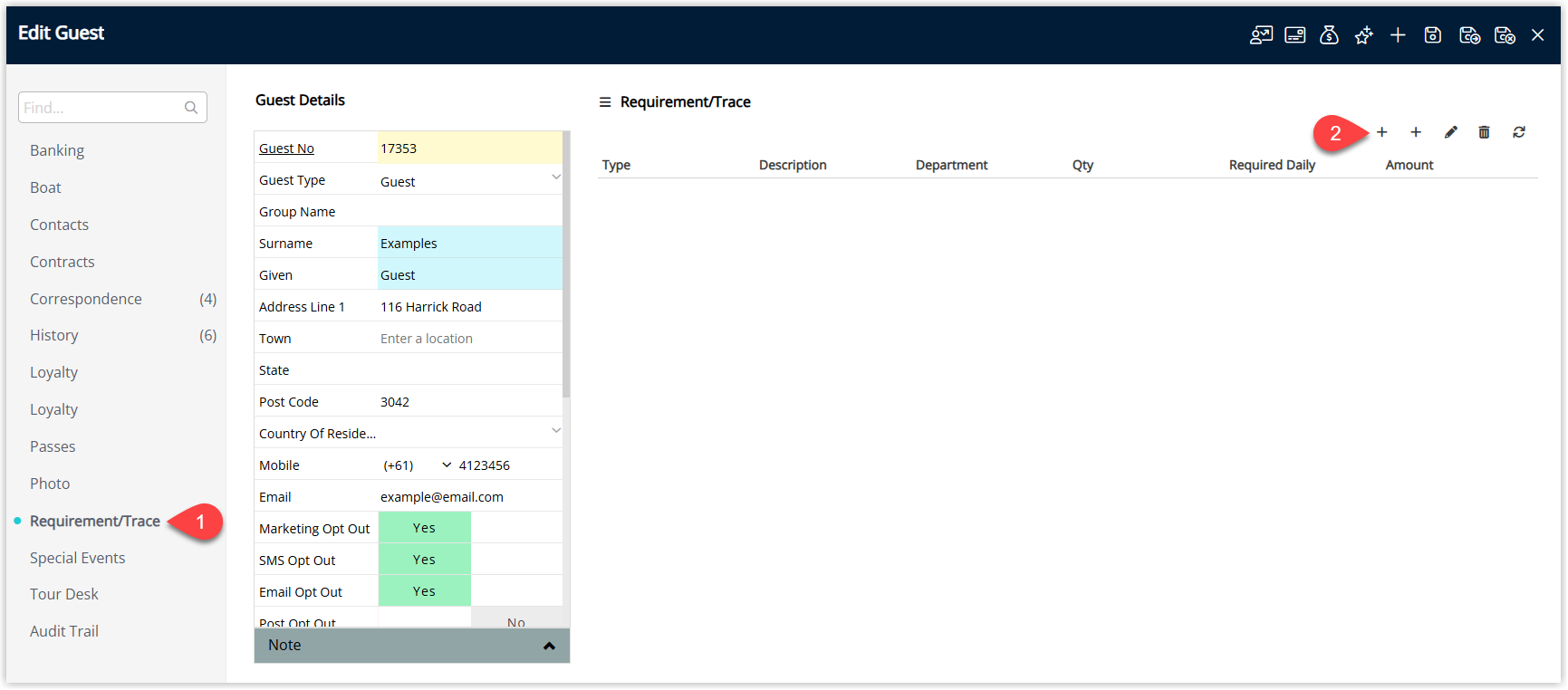 Annotated screenshot of the Edit Guest Requirement/Trace tab in RMS with the Add button highlighted