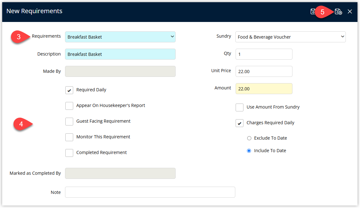 Annotated screenshot of the New Requirements dialog in RMS showing the Requirements, Sundry, and Amount fields