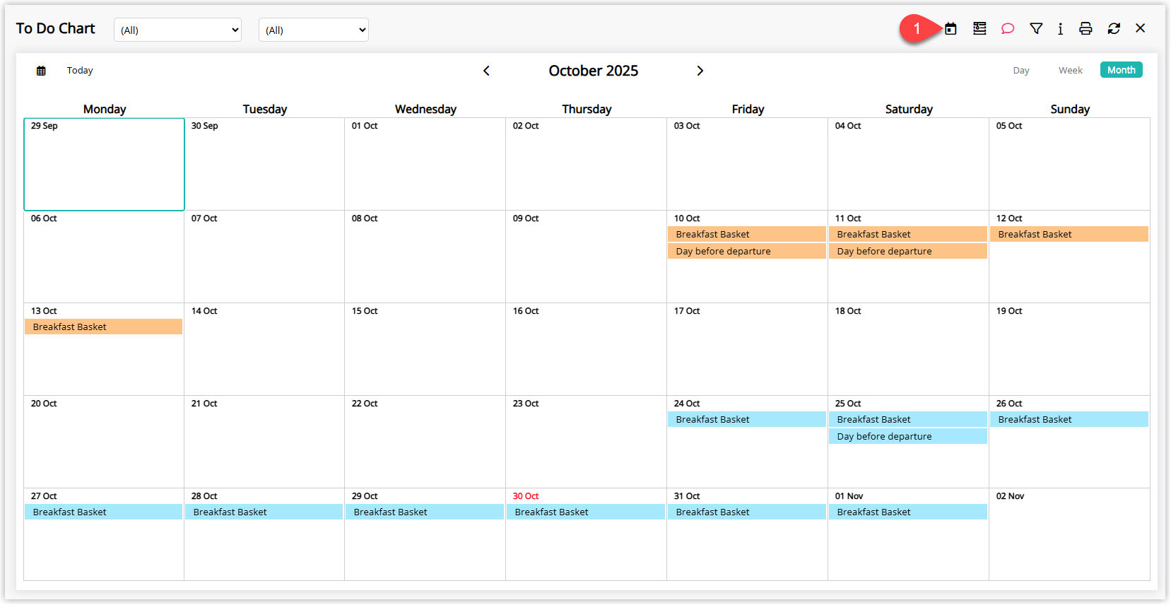 Annotated screenshot of the To Do Chart in RMS showing a monthly view of daily requirements with the calendar view icon highlighted