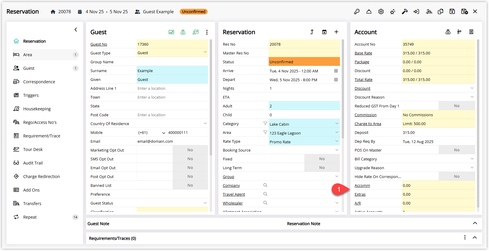Reservation screen in RMS showing the reservation details with an Account Type selector (such as Accommodation, Sundry or Other accounts) and the chosen account tab open, displaying line items and fields where charges and payments can be viewed or edited.