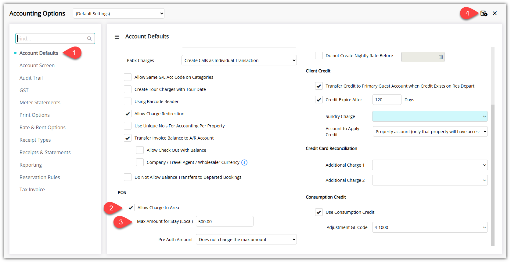 Screenshot of the Accounting Options screen in RMS with the Account Defaults tab selected, showing the Allow Charge to Area checkbox enabled, Max Amount for Stay value entered and optional Pre Auth Amount setting before saving.