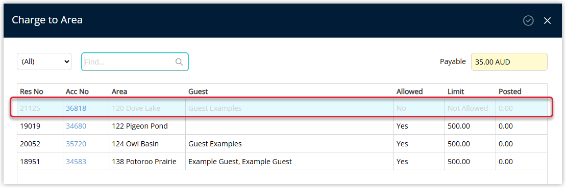 Screenshot of POS Lite in RMS showing a reservation or area greyed out with a Not Allowed message indicating that Charge to Area is disabled for that reservation.