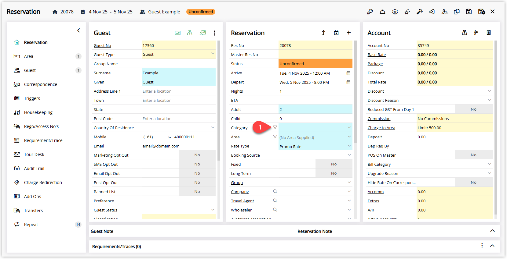 Annotated screenshot of a reservation in RMS with the attribute filter icon beside the Category field highlighted