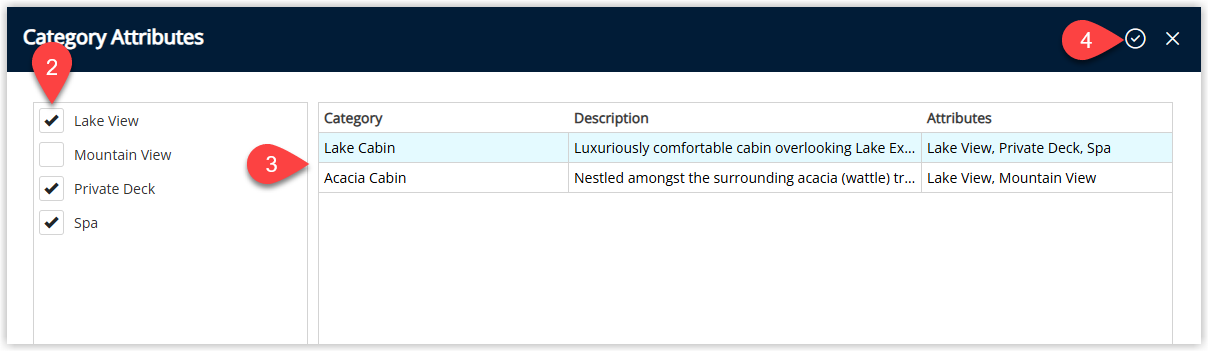 Annotated screenshot of the Category Attributes dialog in RMS with the attribute checkboxes, the matching categories table, and the confirm icon highlighted