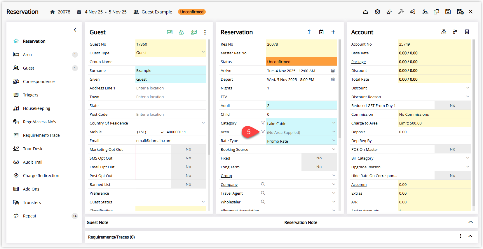 Annotated screenshot of a reservation in RMS with the attribute filter icon beside the Area field highlighted