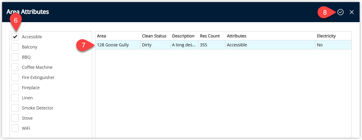 Annotated screenshot of the Area Attributes dialog in RMS with the attribute checkboxes, the matching areas table, and the confirm icon highlighted