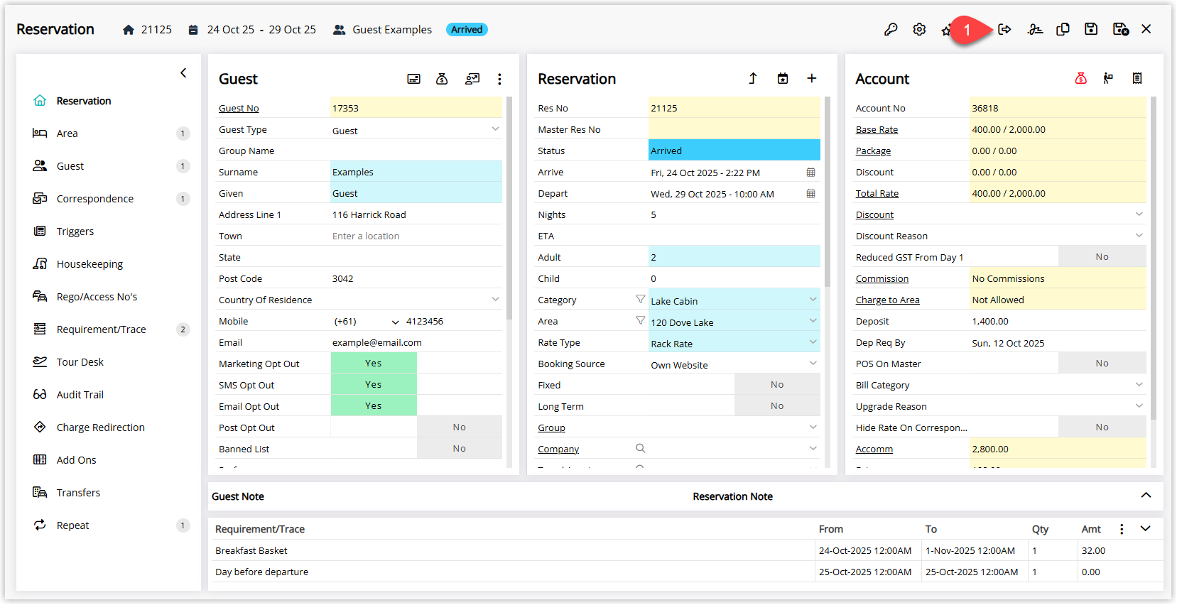 Screenshot of the reservation screen in RMS showing the Check-out icon highlighted to depart an arrived reservation.