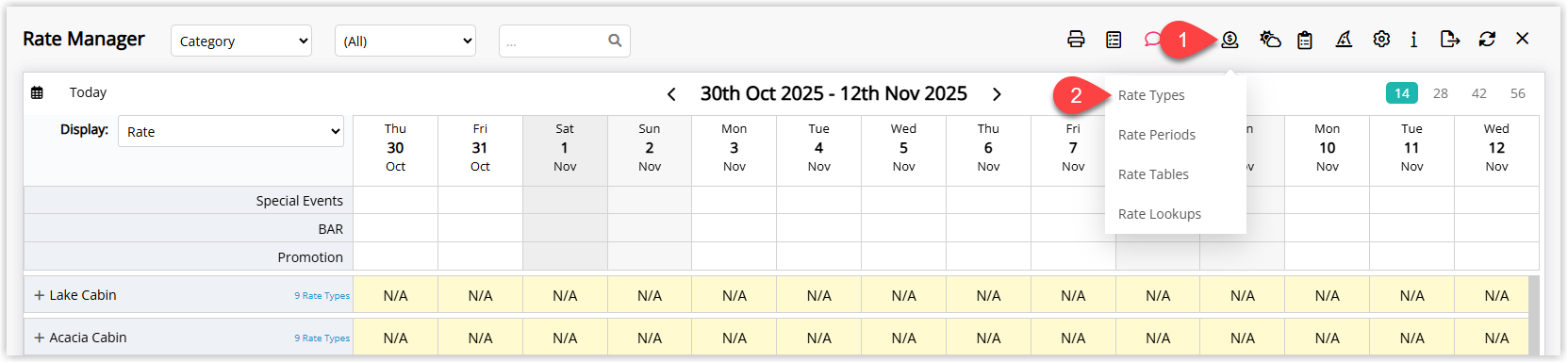 Annotated screenshot of the Rate Manager in RMS showing the Rates dropdown menu with Rate Types highlighted